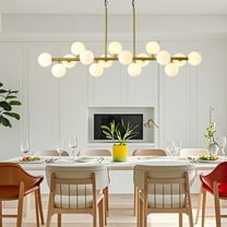 Mid Century Modern Linear Chandelier, 16-Light Brass Sputnik Chandelier with Milky White Glass Shades, Adjustable Height Pendant Light for Dining Room, Kitchen Island