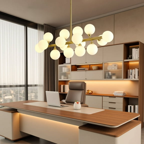 Mid Century Modern Linear Chandelier, 16-Light Brass Sputnik Chandelier with Milky White Glass Shades, Adjustable Height Pendant Light for Dining Room, Kitchen Island