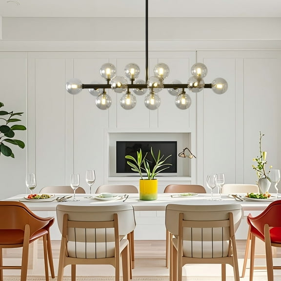 Mid Century Modern Linear Chandelier, 16-Light Sputnik Chandelier with Glass Ball Shades, Adjustable Height Pendant Light for Dining Room, Kitchen Island