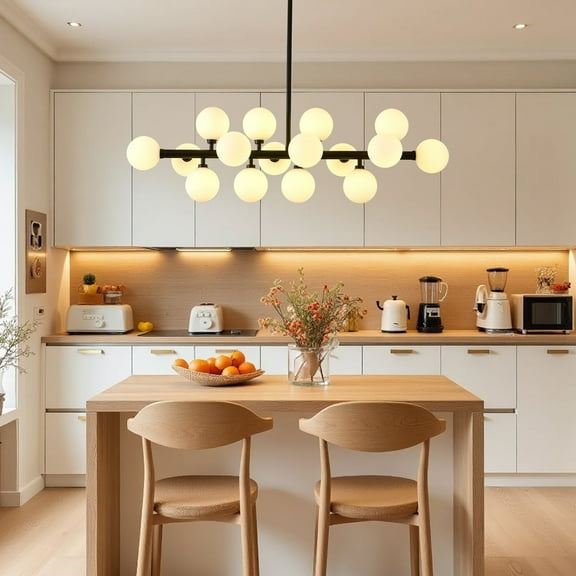 Mid Century Modern Linear Chandelier, 16-Light Sputnik Chandelier with Milky White Glass Shades, Adjustable Height Pendant Light for Dining Room, Kitchen Island