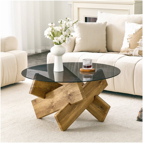 Mid-Century Modern Living Room Accent Coffee Table with Interlaced X Frame Smoked Gray Tempered Glass Top and Wood Pattern MDF Base 33.4 Inch Round Surface