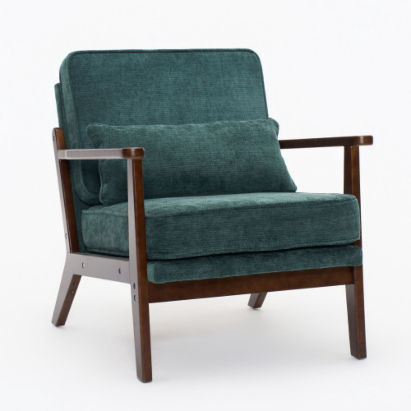 Mid-Century Modern Lounge Chair Single Living Room Chair with Lumbar Pillow, Upholstered Accent Chair with Straight Wood Armrests for Bedroom Indoor, Green
