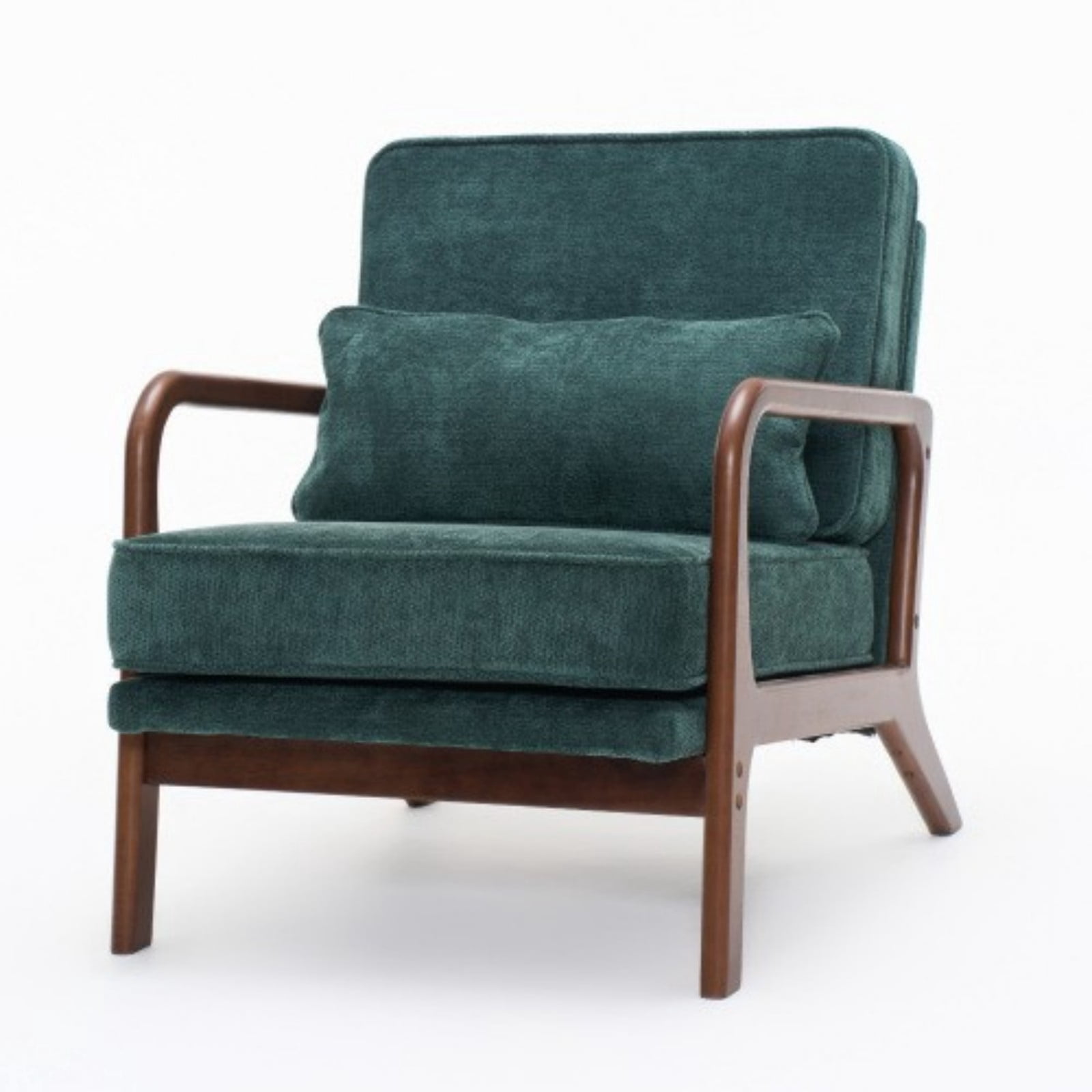 Mid-Century Modern Lounge Chair Single Upholstered Accent Chair with Curved Wood Armrests & Lumbar Cushion, Living Room Bedroom Reading Armchair Indoor, Dark Green