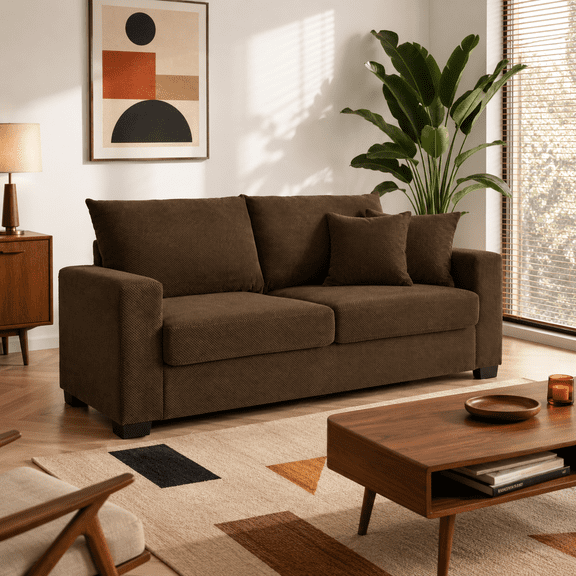 Mid-Century Modern Loveseat Sofa, 69 Inch 2-Seater Couch with 2 Throw Pillows, Premium Textured Fabric Small Space Sofa with High Backrest for Living Room, Apartment, Office, Coffee