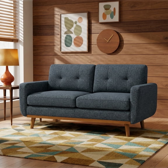 Mid-Century Modern Loveseat, 68'' Upholstered Sofa, Solid Wood Legs, Easy Assembly for Living Room Bedroom, Blue