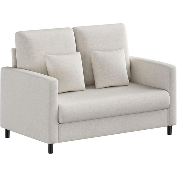 Mid-Century Modern Loveseat for Small Spaces - Wood Frame Couch with No-Tool Assembly, Beige