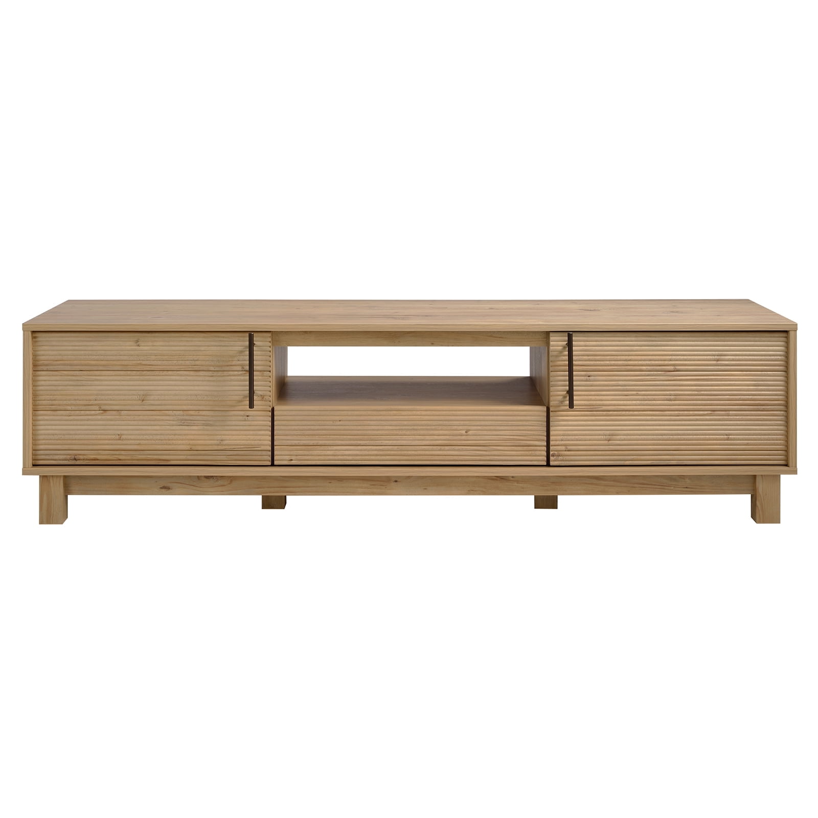 Mid-Century Modern Low Profile Entertainment TV Stand for 70/65/60/55 inch TV, Farmhouse Entertainment Center with 2 Fluted Door and Storage Living Room, Nature