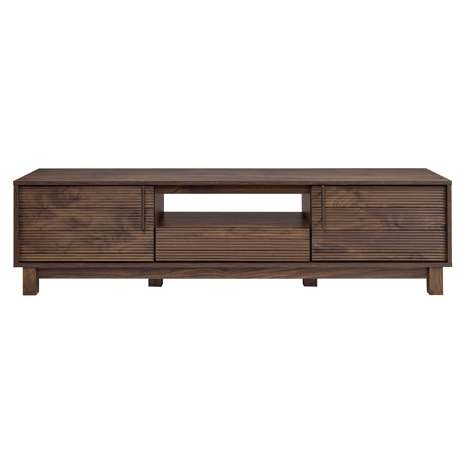 Mid-Century Modern Low Profile Entertainment TV Stand for 70/65/60/55 inch TV, Farmhouse Entertainment Center with 2 Fluted Door and Storage Living Room, Walnut