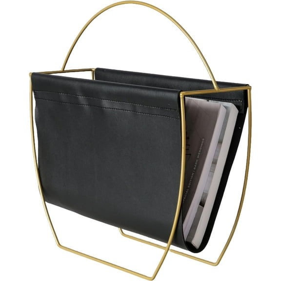 Mid Century Modern Magazine Holder, Gold Metal Frame, Faux Black Leather Sling, 16 Inches