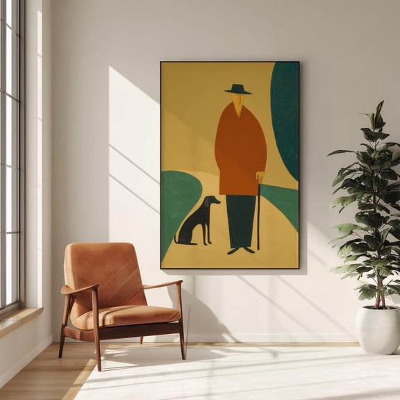 Mid Century Modern Man With Dog Print Minimalist Folk Illustration In Terracotta And Mustard, Unframed Paper Print