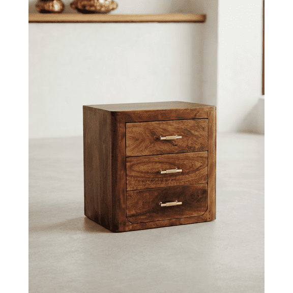 Mid-Century Modern Mango Wood Nightstand with 3 Storage Drawers and Golden Handles