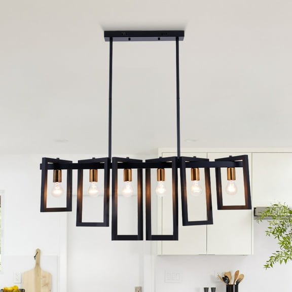 Mid-Century Modern Matte Black Kitchen Island Light Fixtures,Farmhouse Chandelier 6 Light/E26,Industrial Lantern,Geometric Hanging Lighting Over Table for Dining Room,Bar
