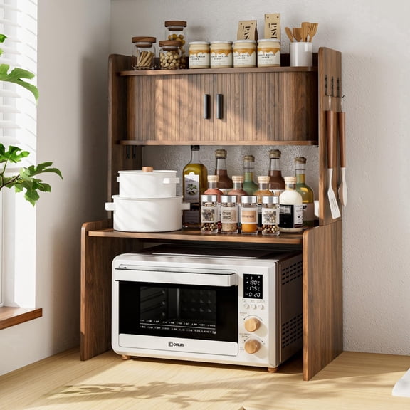 JEJEGORICH Mid Century Modern Microwave Stand with Storage, 31 x 23 in Kitchen Countertop Organizer with Sliding Door