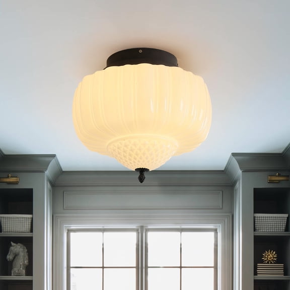Mid Century Modern Milk Glass Ceiling Light, 14" Large White Flower Buds Schoolhouse Mount Ceiling Light
