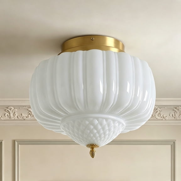 Mid Century Modern Milk Glass Ceiling Light, 14" Large White Flower Buds Schoolhouse Mount Ceiling Light
