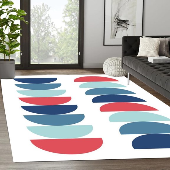 Mid Century Modern Minimalist Half Circles Pattern Area Rug Cream Blue Washable Boho Rug For Living Room Bedroom Diningroom Aesthetic Home Office Indoor Floorcover Carpet Runners 1x2ft