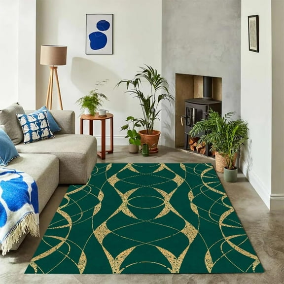 Mid Century Modern Minimalist Lines Texture Green Gold Area Rug Washable Soft Neutral Arti Rug For Livingroom Bedroom Diningroom Lux Farmhouse Office Indoor Floor Carpet Mat 4x6ft