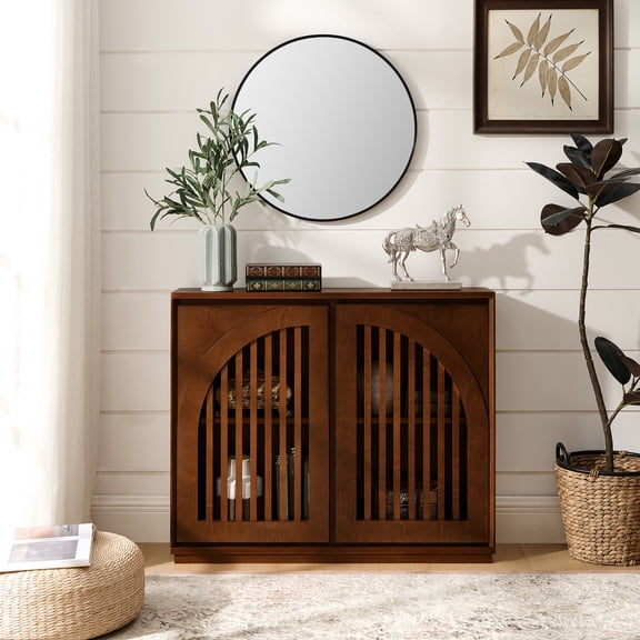 Narrow Sideboard Cabinet with 2 Outlet Holes, 39L x 9.25W x 32.48H, Walnut Buffet for Living Room Entryway Hallway Kitchen Coffee Bar