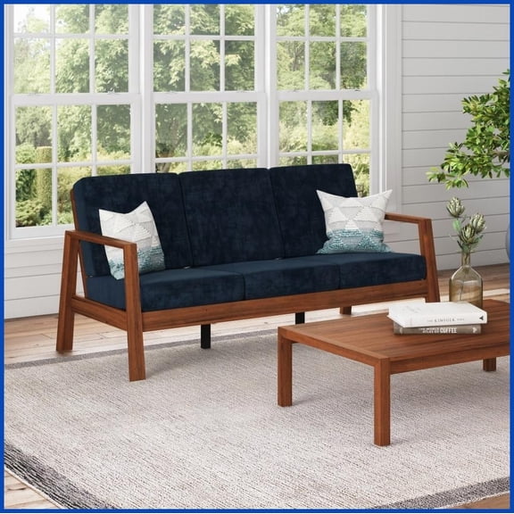 Mid-Century Modern Navy Blue Velvet Sofa - Compact Solid Wood Frame for Small Spaces