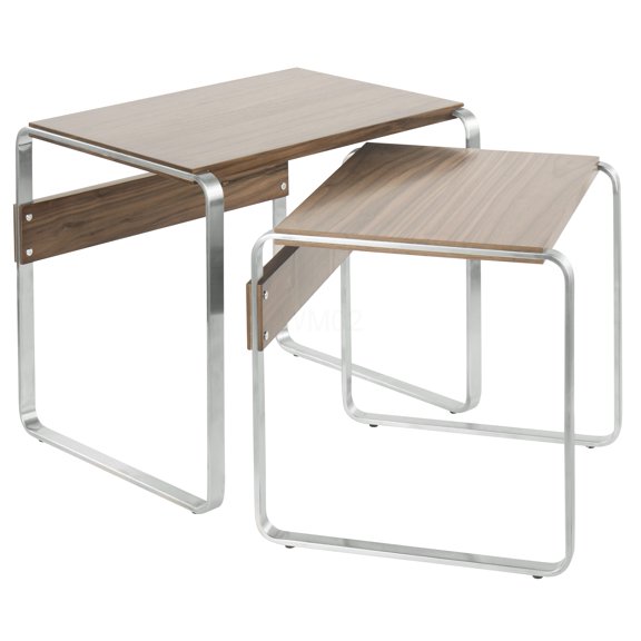 Mid-Century Modern Nesting Tables with Walnut Wood Top and Stainless Steel Base, Set of 2 Space-Saving Accent Tables