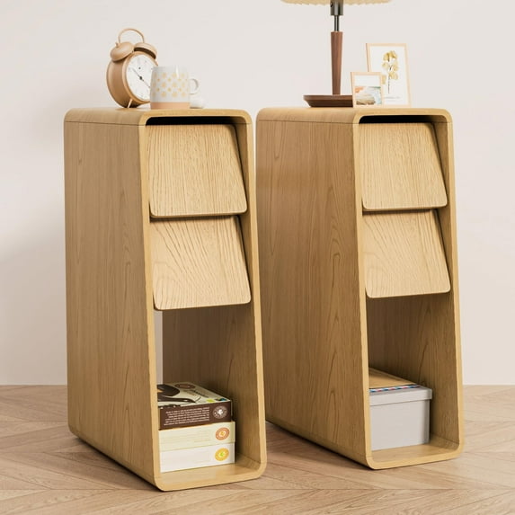 Fsbecl Mid Century Modern Night Stand with Slanted 2 Drawers, Set of 2, Natural