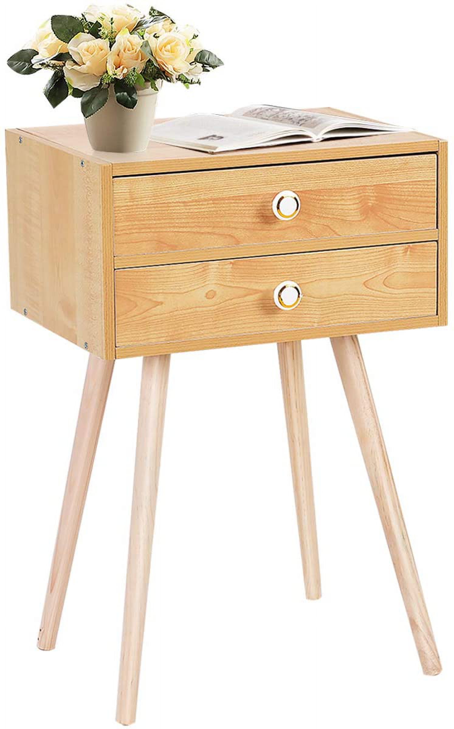 Mid Century Modern Nightstand, 2Drawer Bedside Tables with 4 Solid