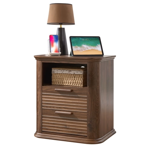 Mid-Century Modern Nightstand 22" Wide - Fluted Bedside Table with Charging, 2 Drawers & Open Storage for Master Bedroom