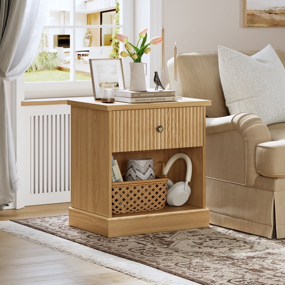 Mid-Century Modern Nightstand - Brown Wood Grain with Fluted Detail, Drawer and Shelf for Bedroom