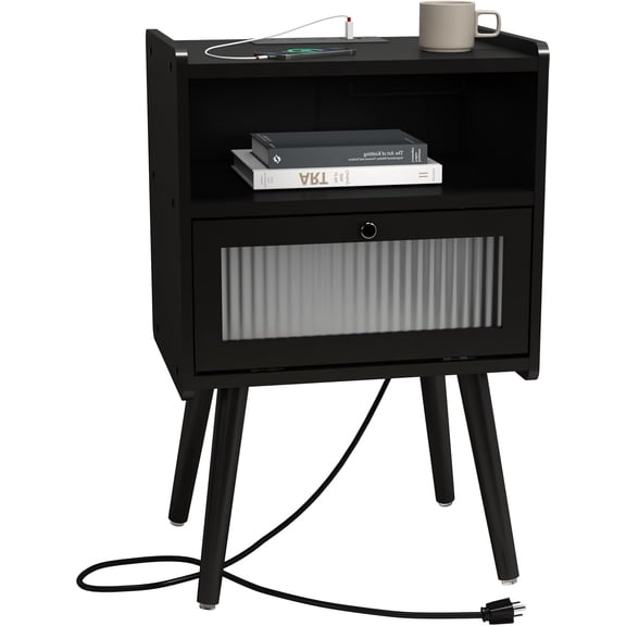 Mid Century Modern Nightstand with Charging Station, Bedside Tables with Glass Decorative Door, End Table Side Table with 2 Tiers Storage Space, for Bedroom, Living Room, Black