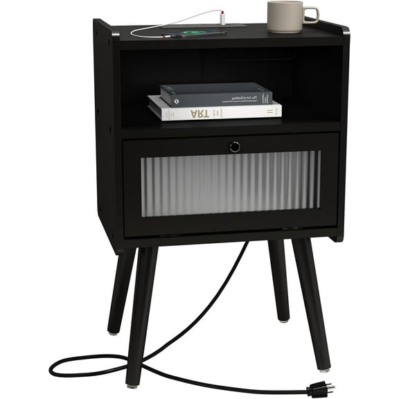 Mid Century Modern Nightstand with Charging Station, Bedside Tables with Glass Decorative Door, End Table Side Table with 2 Tiers Storage Space, for Bedroom, Living Room, Black