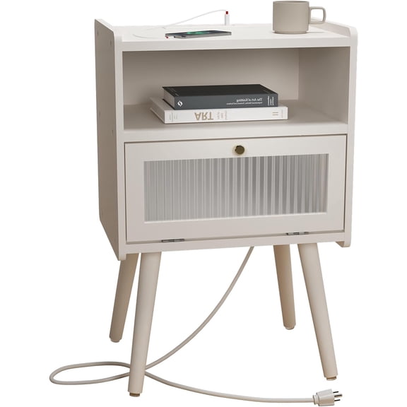 Mid Century Modern Nightstand with Charging Station, Bedside Tables with Glass Decorative Door, End Table Side Table with 2 Tiers Storage Space, for Bedroom, Living Room, White