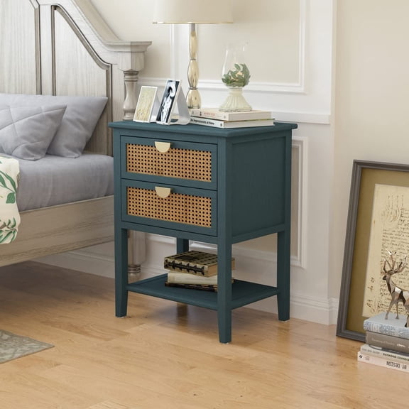 Mid Century Modern Nightstand with Charging Station and LED Lights, Bedside Table with 2 Drawers & Open Shelf, Smart End Table for Bedroom or Living Room