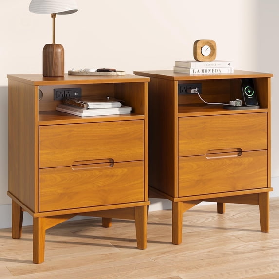 2 Pack Mid-Century Modern Nightstand with Hidden Charging Station, USB Ports, Cable Hole, 2 Drawers & Open Shelf, 26" Tall Natural Finish Bedside Table for Bedroom or Living Room
