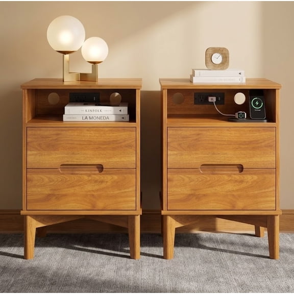 2 Pack Mid-Century Modern Nightstand with Hidden Charging Station, USB Ports, Cable Hole, 2 Drawers & Open Shelf, 26" Tall Natural Finish Bedside Table for Bedroom or Living Room
