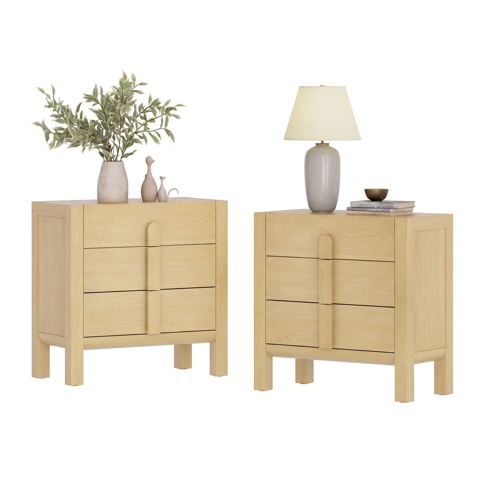 Mid-Century Modern Nightstand Set of 2, 31.5" Large End Table with 3 Drawers ,, Wooden Bedside Table Storage Cabinet for Bedroom, Living Room,Entryway