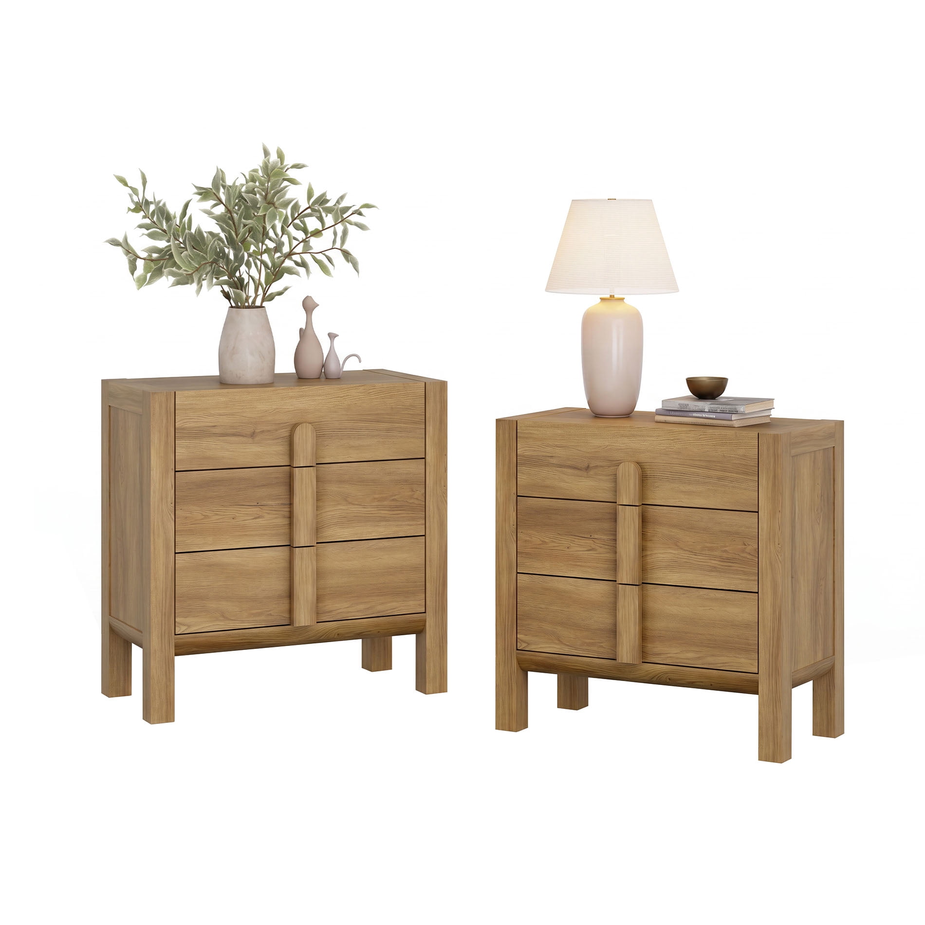Mid-Century Modern Nightstand Set of 2, 31.5" Large End Table with 3 Drawers ,, Wooden Bedside Table Storage Cabinet for Bedroom, Living Room,Entryway