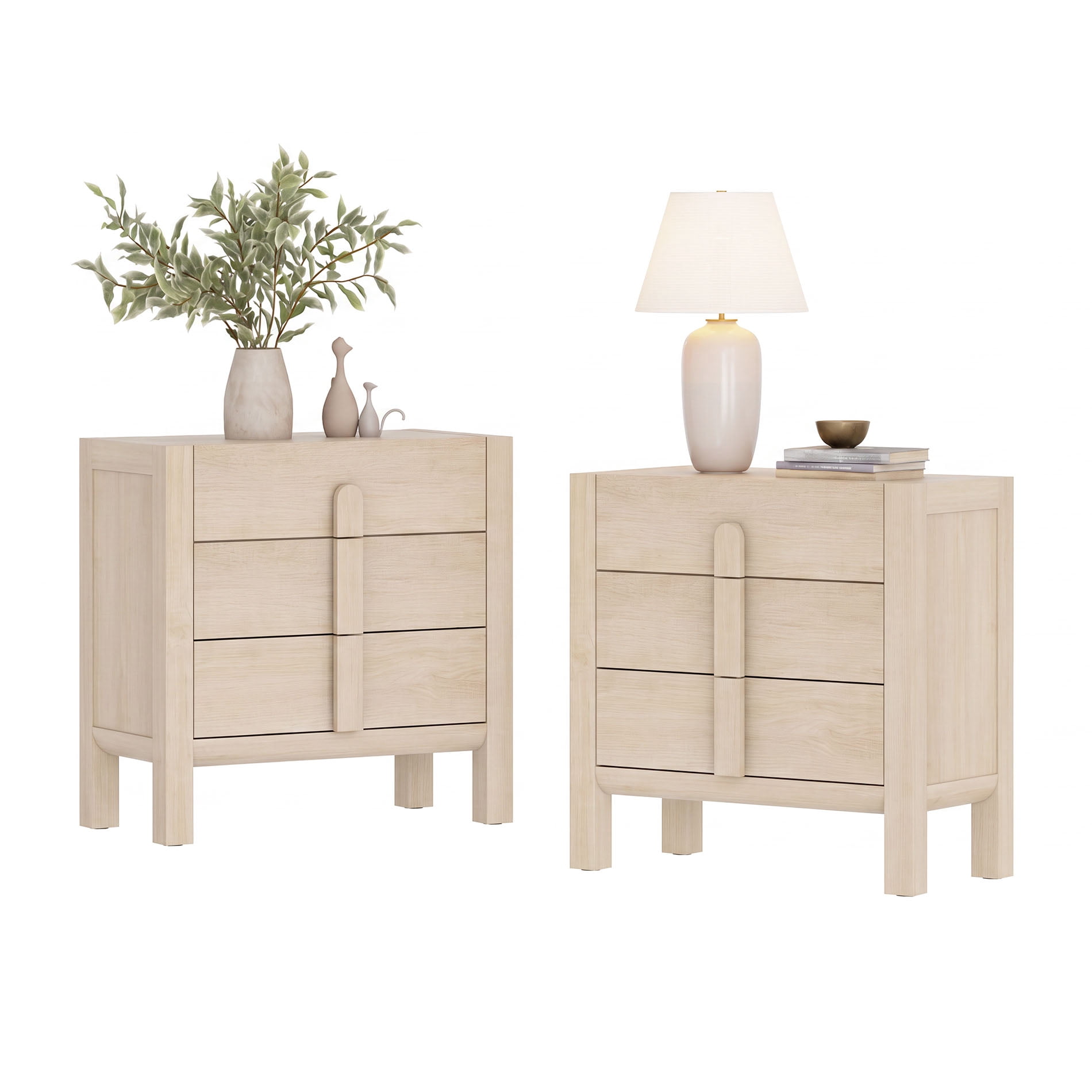 Mid-Century Modern Nightstand Set of 2, 31.5" Large End Table with 3 Drawers ,, Wooden Bedside Table Storage Cabinet for Bedroom, Living Room,Entryway