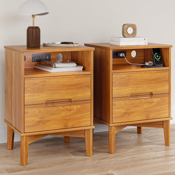 Mid-Century Modern Nightstand Set of 2 with Charging Station, Tall 26" Bedside Table with Storage, 2 Drawers & Open Shelf, Wooden Accent Table for Bedroom, Walnut Finish