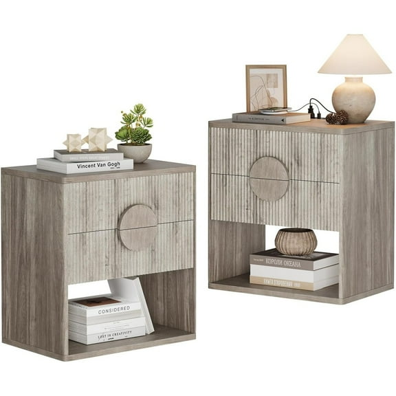 Mid Century Modern Nightstand Set, Fluted Night Stand with Charging Station, 2 Drawers & Open Shelf, 22.6" Wide Wood Bedside Table, Sofa End Table for Bedroom, Grey