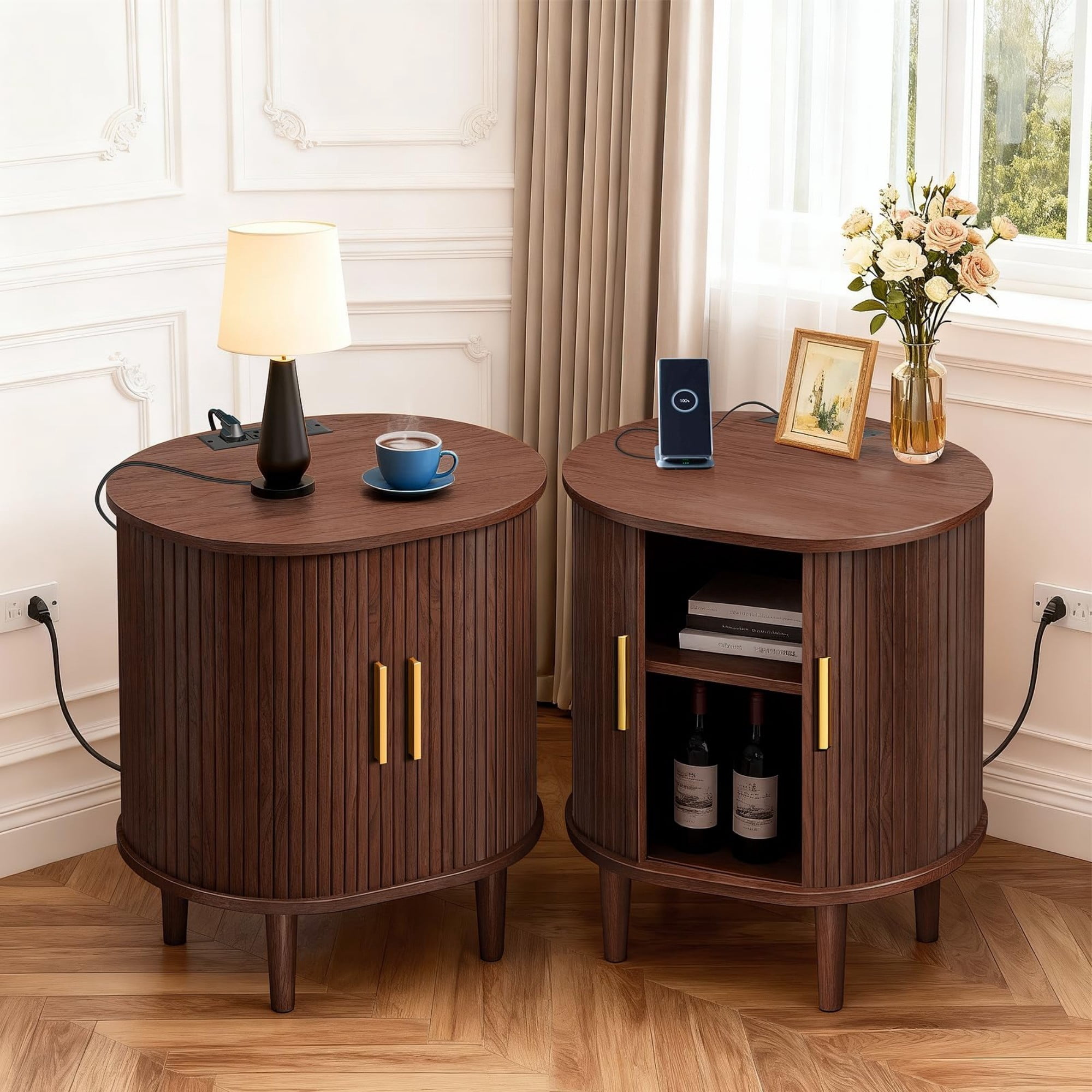 Mid Century Modern Nightstand Set of 2 with Charging Station, Fluted Side Table with Sliding Door & Adjustable Shelf, Coffee