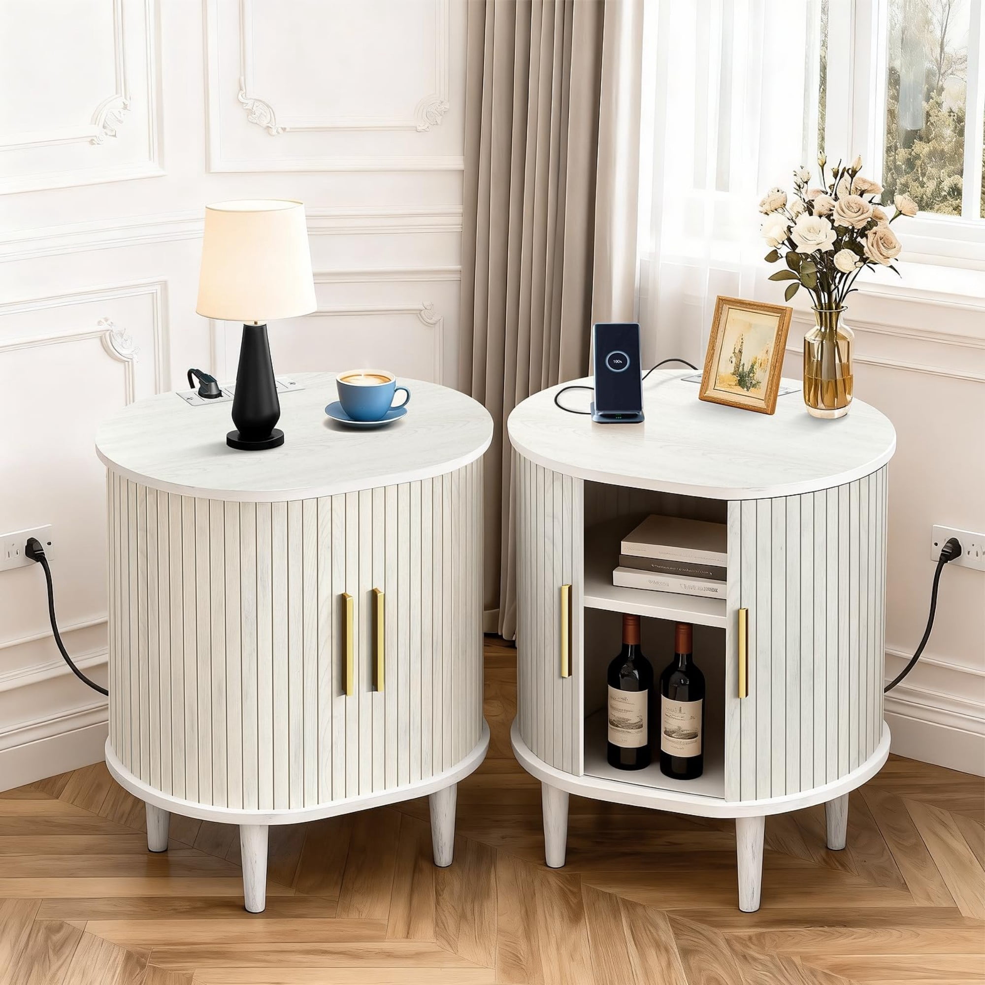 Mid Century Modern Nightstand Set of 2 with Charging Station, Fluted Side Table with Sliding Door & Adjustable Shelf, White