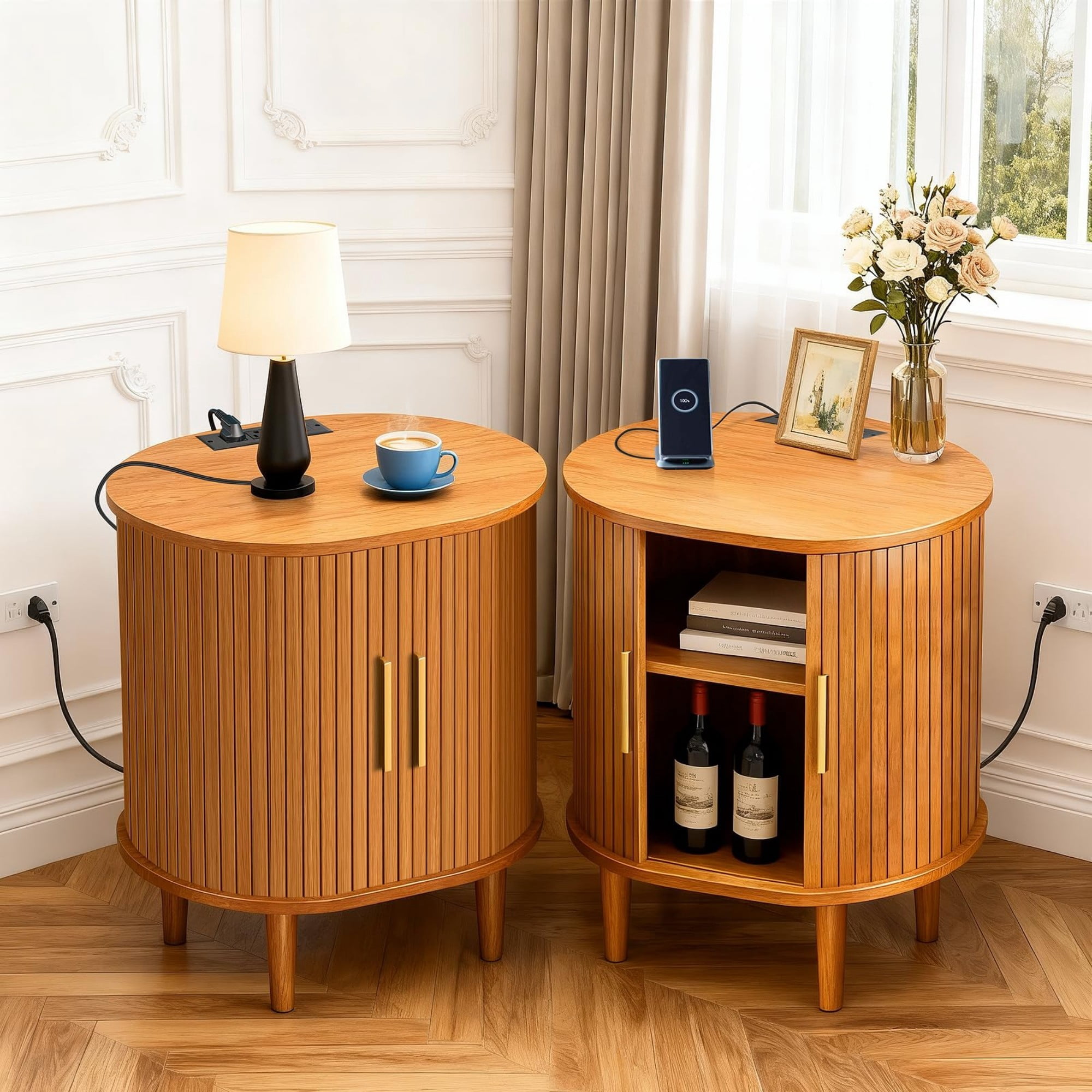 Mid Century Modern Nightstand Set of 2 with Charging Station, Fluted Side Table with Sliding Door & Adjustable Shelf, Yellow