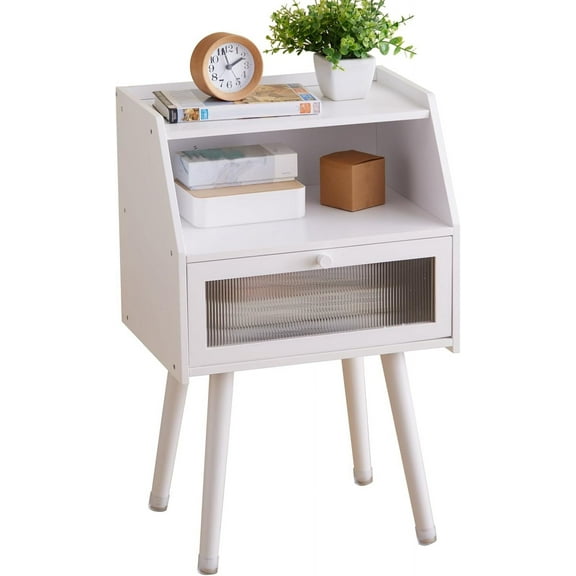 Mid Century Modern Nightstand Side Table End Table Bedside Table 2-Layer Storage Shelves with Acrylic Door for Bedroom Living Room White