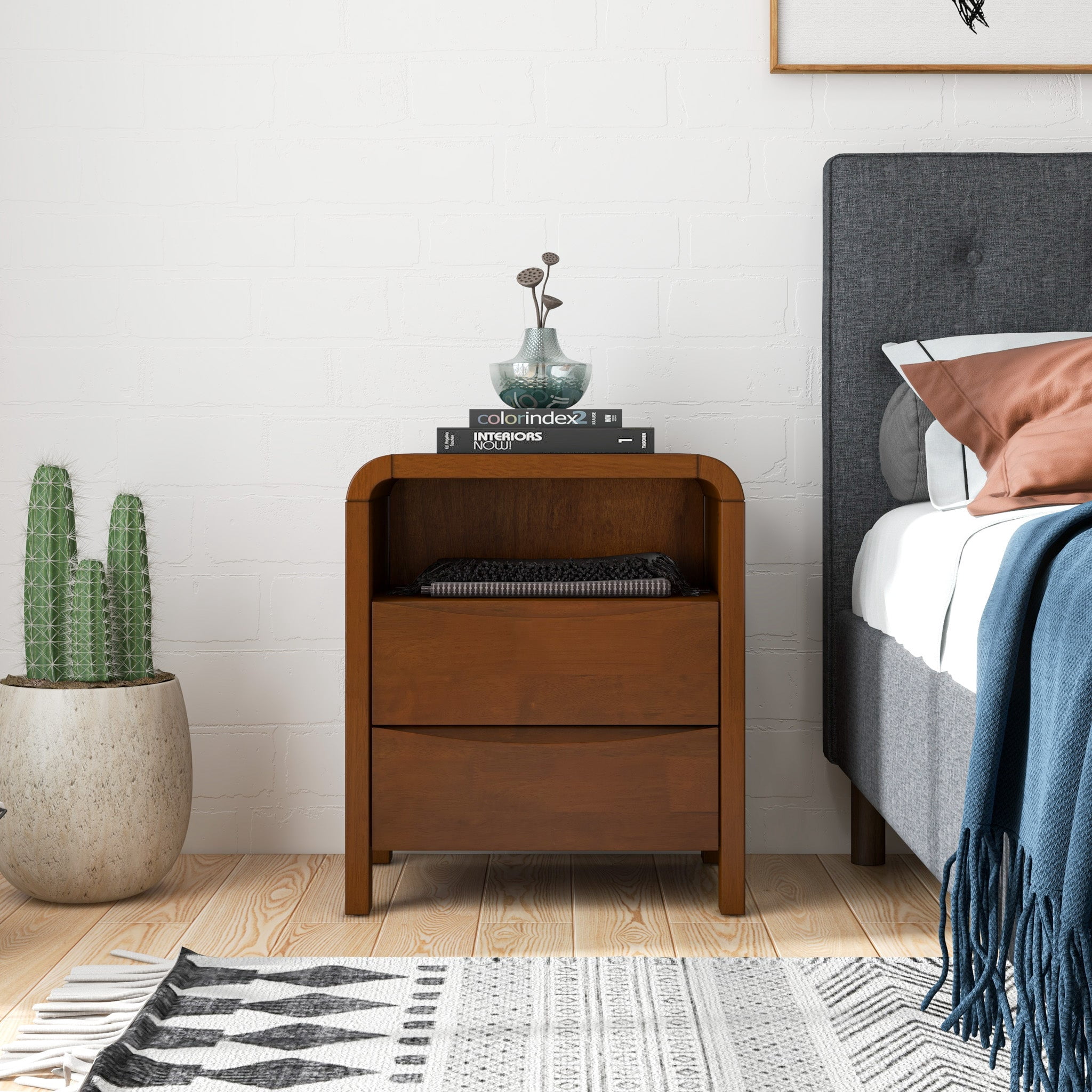 Mid-Century Modern Nightstand - Solid Wood 2-Drawer Bedside Table with ...