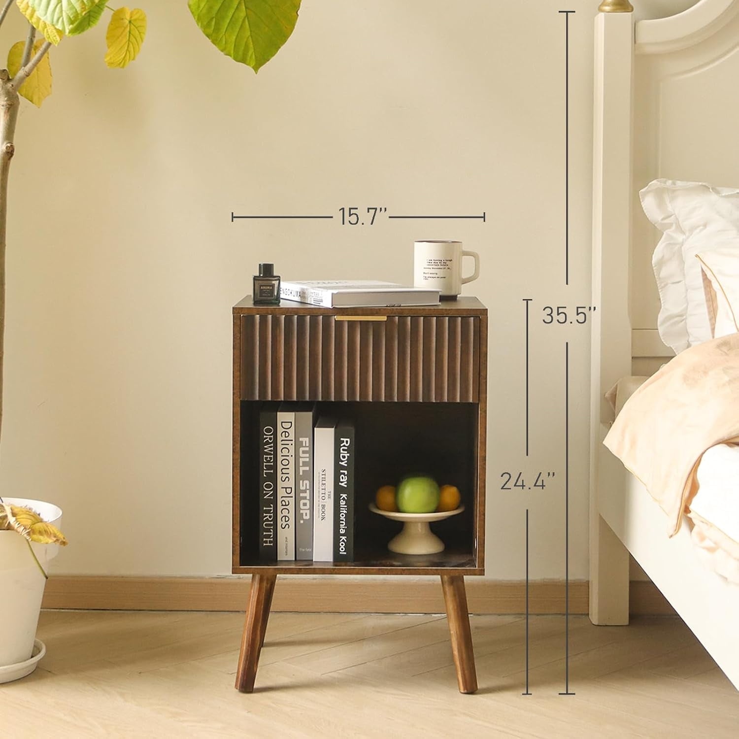 Mid Century Modern Nightstand, Wood Bedside Table with Drawer and ...