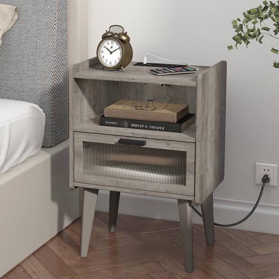 Mid Century Modern Nightstand, Wood Bedside Table with Drawer and Opening Storage, End Table Living Room Fluted Night Stand with Solid Wood Legs for Bedroom