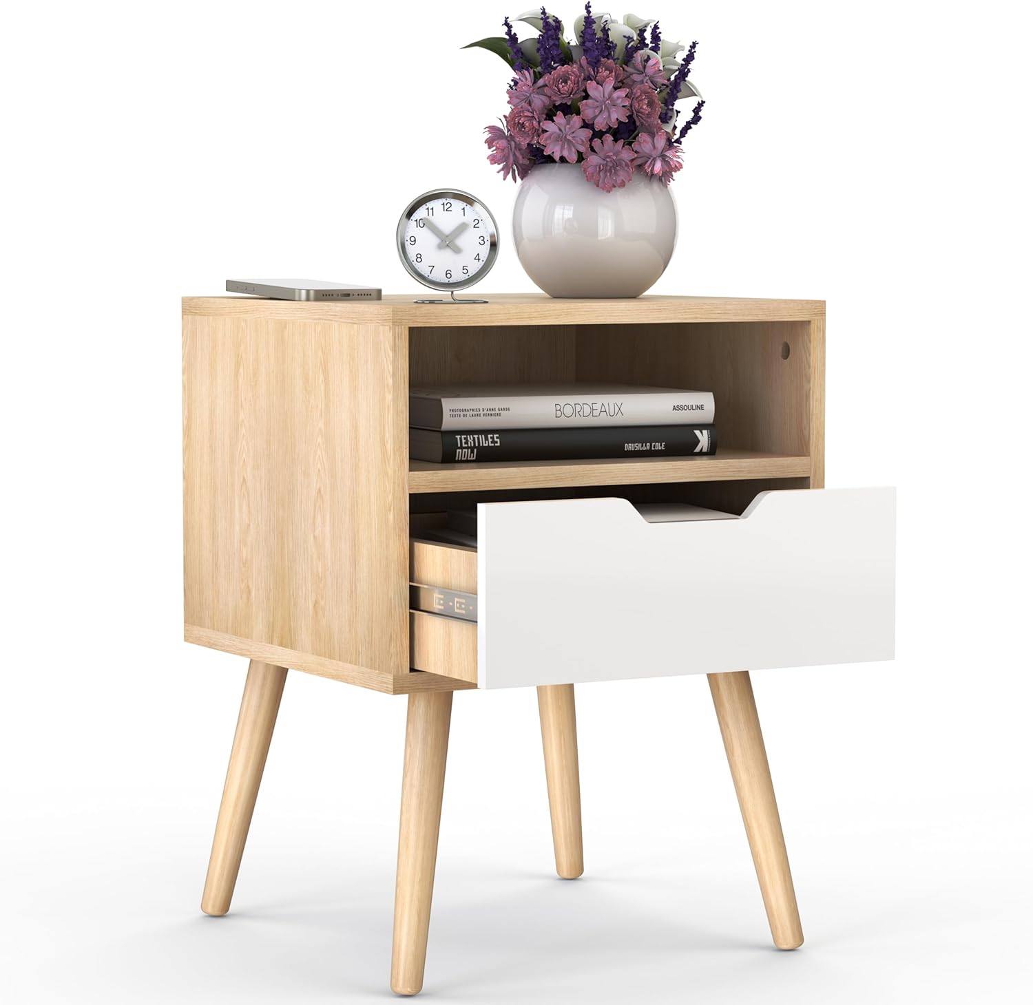 MidCentury Modern Nightstand Wooden with Drawer Bedside for Bedroom