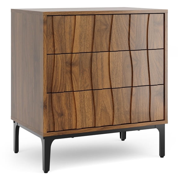 Mid-Century Modern Nightstand with 3 Drawers, 24" Walnut Bedside Table with Sculpted Wave Fronts for Bedroom or Living Room