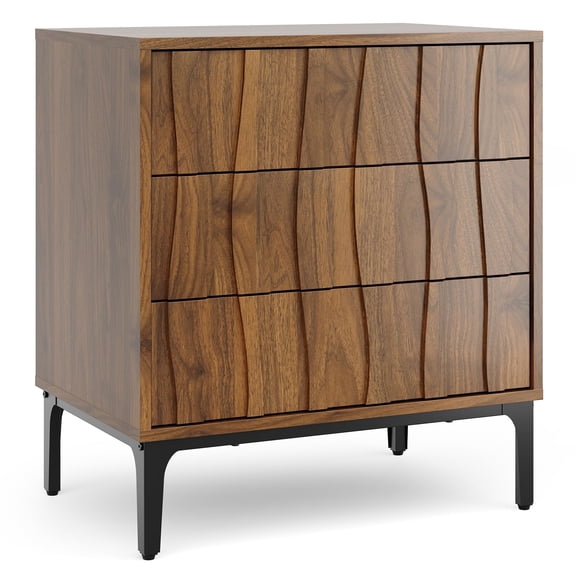 Mid-Century Modern Nightstand with 3 Drawers, 24" Walnut Bedside Table with Sculpted Wave Fronts for Bedroom or Living Room