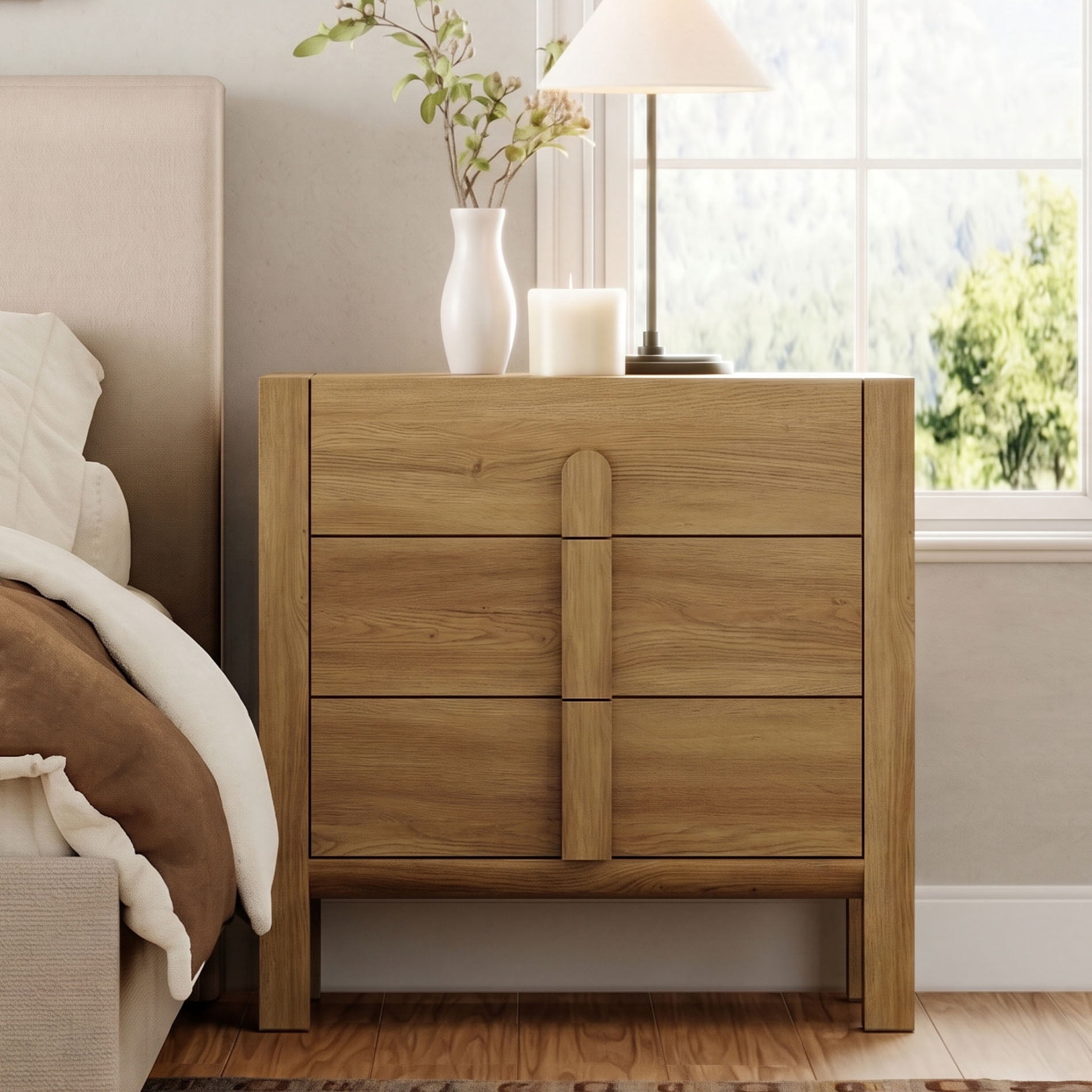 Mid-Century Modern Nightstand with 3 Drawers ,31.5" Large End Table, Wooden Bedside Table Storage Cabinet for Bedroom, Living Room,Entryway